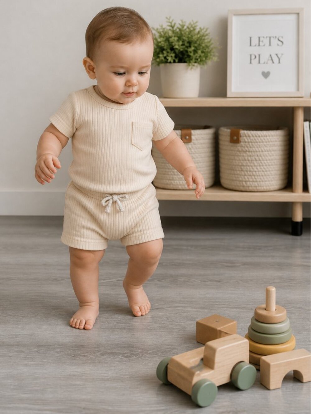 Neutral Ribbed Short Set